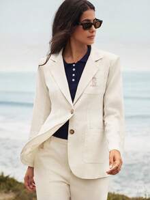 Nima Coro Linen Lyocell Fabric Elegant Preppy Classy Commute Office Formal Minimalist Old Money Teachers' Day Blazer With Lapel Lining Side Slit Metal Buttons - Apricot - View 11