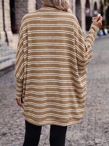 SHEIN Frenchy Spring/Autumn Casual Color-Block Striped Batwing Sleeve Jacket - Brown - View 2