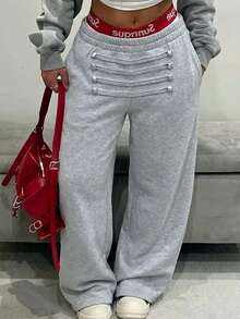 Slaydiva Casual Athleisure Basic Street Napoleon Style Button-Front Women's Long Sweatpants Everyday Work Gray Summer - Grey - View 2