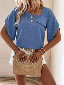 EMERY ROSE Women's Casual Versatile Everyday Denim Top Brunch Vacation Navy Blue Summer - Blue - View 6