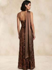 QUIZ Brown Sequin Halter Neck Draped Bodycon Maxi Dress With Side Split And Scarf Detail, One Shoulder Evening Dress, Formal Event Dress, Special Occasion Maxi Dress, Wedding Guest Dress, Party Dress For Women - Brown - View 2