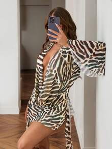 SHEIN ICON Gaun Mini Seksi Lengan Panjang Leher Kerah Motif Zebra untuk Wanita - MultiWarna - View 4