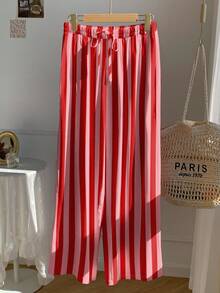 SHEIN EZwear 大尺碼女款條紋腰部繫帶寬鬆休閒長褲 - 彩色 - 查看 5