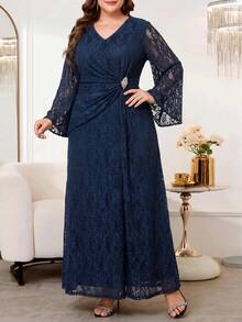 Reflora Plus Size Rhinestone Decorated Lace Ruffle V-Neck Elegant Dress Wedding Evening Dinner Formal Evening Navy Blue Autumn Wedding Fall - Blue - View 5