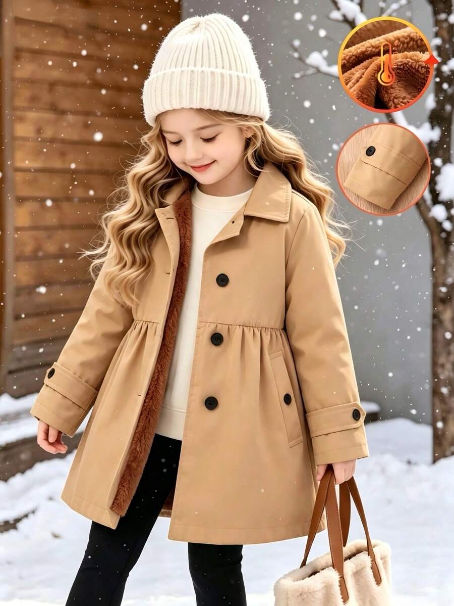SHEIN Elladie kids 1件少女冬季大衣,卡其色,保暖內裡,風衣領,雙排扣,時尚夾克,適合日常休閒穿著 - 卡其色 - 查看 1