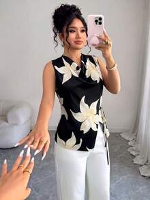 Elenzga Plus Size Women's Spring/Summer Elegant Commuter Black Base Large Floral Ruffle Collar Sleeveless Side Cinched Waist-Up Fitted Waist Slimming Asymmetrical Hem Top - Black - View 4