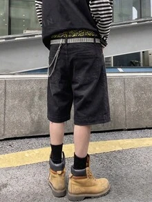 NEOSTRIT 男士休閒日常牛仔短褲，附口袋、鈕扣與笑臉圖案 - 黑色 - 查看 2