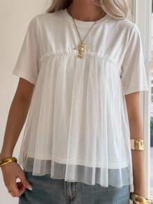 FRIFUL Women's Round Neck Loose 2 In 1 Mesh Patchwork Wide Hem Loose Solid Color T-Shirt - White - View 4