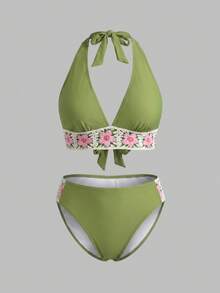 Swim Vcay 女款大尺碼純色 2 件組掛脖式胸下綁帶三角比基尼泳衣,適合度假與海灘 - 彩色 - 查看 7