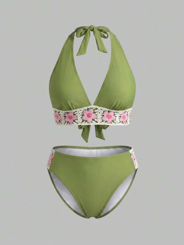 Sweetra Women's Plus Size Solid Color 2pcs Halter Neck Underbust Strap Triangle Bikini Swimsuit For Vacation And Beach
