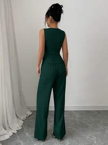 Elenzga Women's Elegant Sleeveless Blazer Vest And Pants Suit Set, Business/Commute Style, Summer - Green - View 2