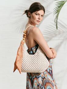 SHECARRY Women's Fashionable Elegant Simple Spring And Summer Vacation Beach Straw Woven Silk Scarf Decoration Wooden Beads Shoulder Strap Design Shoulder Bag - White - View 2