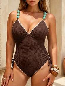Swim Chiccia New Summer Beach Vacation Women's Floral Beaded Drawstring Plus Size One-Piece Swimsuit - Coffee Brown - View 4