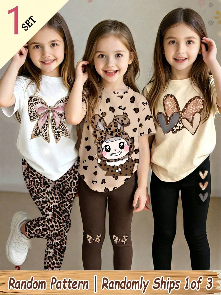 (Patrón aleatorio, 1 set aleatorio) Conjunto de camiseta corta básica casual de verano y leggings para niñas, con estampado gráfico creativo fresco y brillante de patchwork, corazón, leopardo, lazo y conejo, cómodo para uso diario - Multicolor - Ver 1