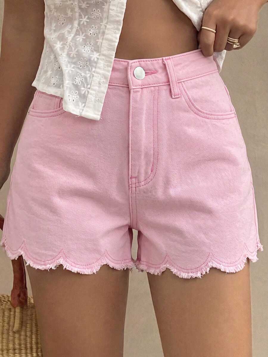 SHEIN 青少年女孩休閒寬鬆牛仔短褲,附口袋、毛邊下擺與圓弧邊緣 - 粉色 - 查看 1