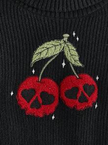 ROMWE Dark Gothic Cherry Skull Embroidered High Neck Short Lantern Sleeve Pullover Sweater For Women - Black - View 3