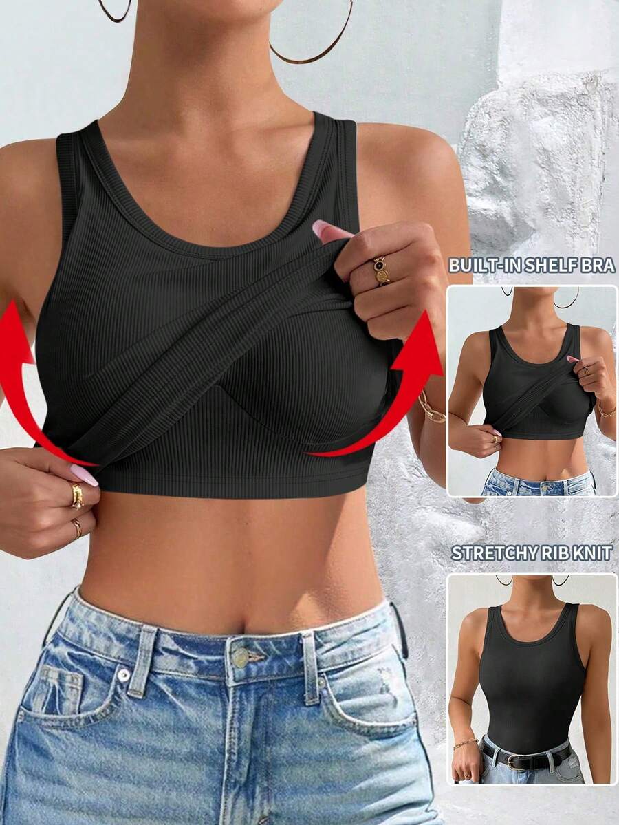 SHEIN Fitted Sexy Padded Rib-Knit Tank Top - Black - View 1