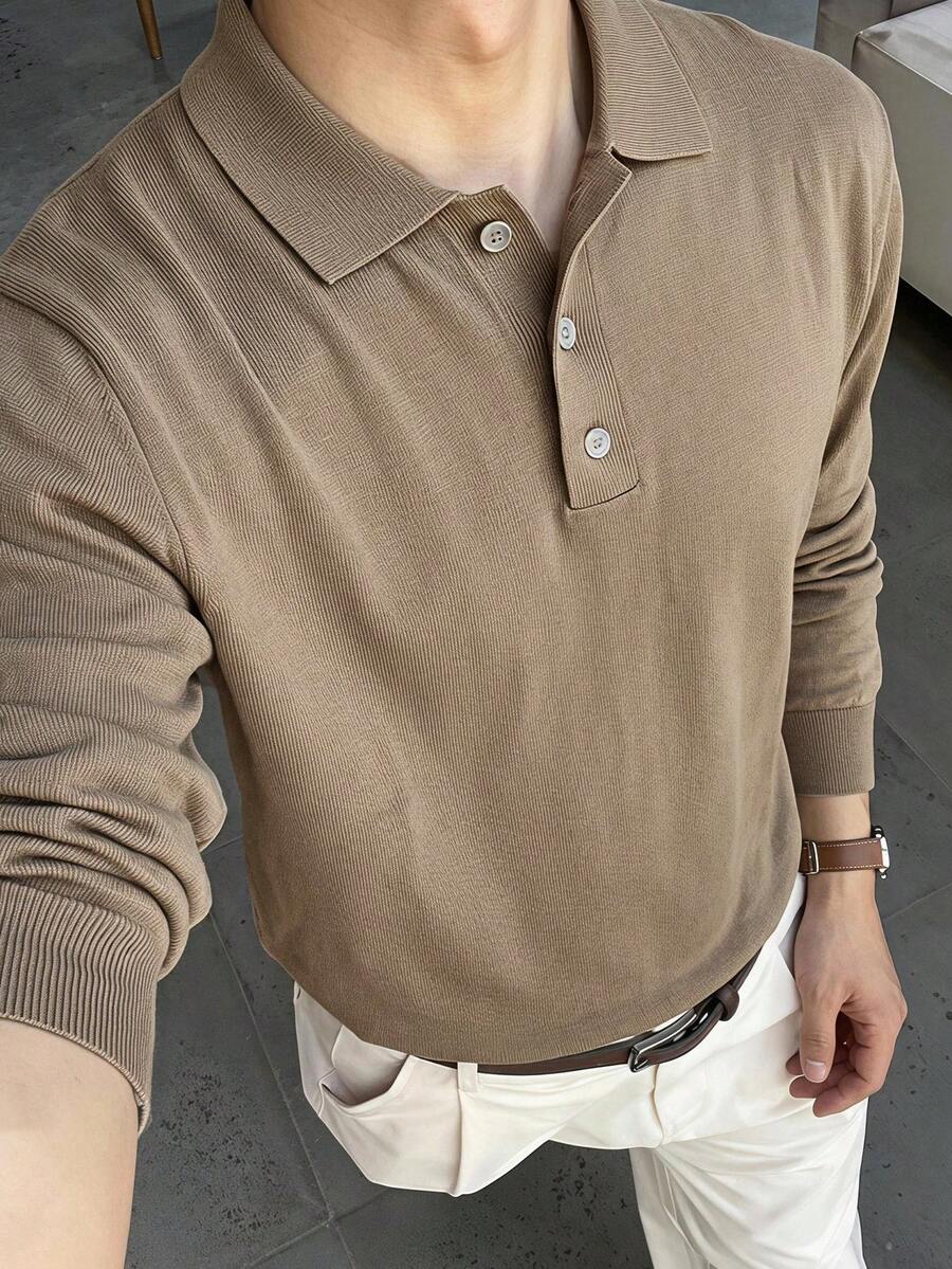 DAZY Atasan Rajut Pria Lengan Panjang Kancing Setengah Warna Aprikot Polos, Musim Semi/Gugur - Khaki - View 1