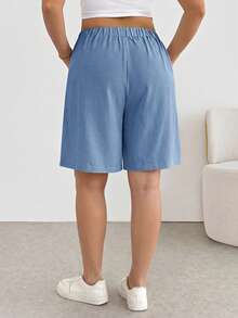Shapeblank Plus Size Minimalist Versatile Button Elastic Waist Pleated Pocket Shorts - Blue - View 3