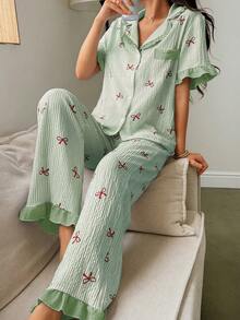 Napfluff Women's Blue Striped Bow Print Patchwork Contrast Color Ruffle Collar Short Sleeve Long Pants Pajama Set - Green - View 5