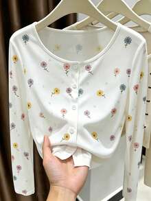 Resyla Women's Daisy Print Long Sleeve Single-Breasted Casual Top - White - View 4