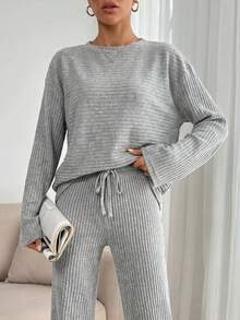 Solid Color Long Sleeve Top And Pants Set - Grey - View 5