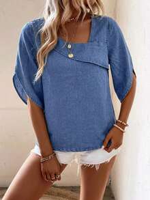 EMERY ROSE Women's Casual Versatile Everyday Denim Top Brunch Vacation Navy Blue Summer - Blue - View 3