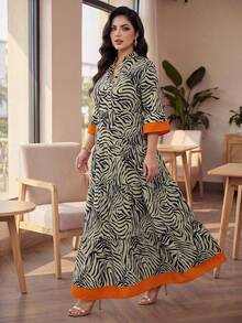 SHEIN Lady CURVE Gaun Pesta Kasual Wanita Ukuran Besar dengan Leher V Berlekuk dan Motif Cetak Seluruh Permukaan, Elegan untuk Musim Gugur - MultiWarna - View 5