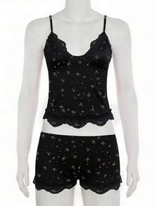 Jouncy Setelan Kasual 2 Potong Wanita dengan Atasan Camisole Motif Patchwork Renda dan Celana Pendek untuk Sehari-hari - Hitam - View 4
