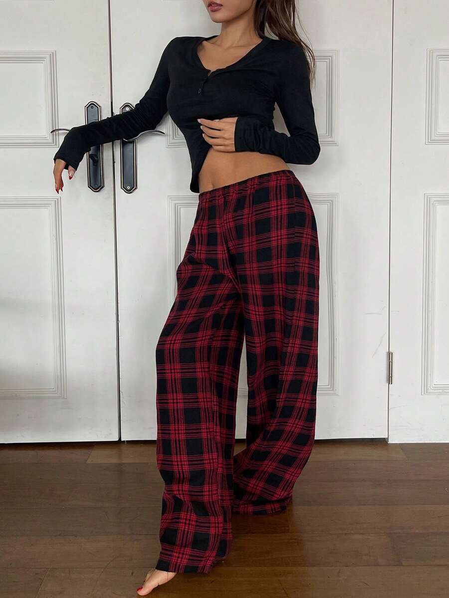Livesso Women's Solid Color Long Sleeve Top & Plaid Pants Pajama Set Fall - Black - View 1