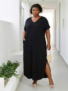 CurvyTilda Plus Size Women Spring/Summer New Fashion Commute Casual Pocket Design Split Long Dress - Black - View 3