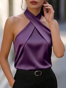 SHEIN Clasi Blusa elegante de color contrastante para mujeres, adecuada para ir al trabajo y citas, tela cómoda, primavera/verano - Morado - Ver 3