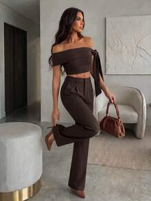 SHEIN Unity Elegant Sexy Minimalist Commuter Women's Off-Shoulder Tie-Up Cropped Top Casual Straight-Leg Pants Office Cocktail 2 Pieces Set Dark Brown Summer - Coffee Brown - View 6
