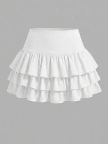 SHEIN Girlism 青少年女孩休閒運動學院風返校穿搭 白色內建內搭褲雙層荷葉邊蛋糕迷你裙 Spsurprise Box [隨機 5 套，發送 1 套] - 白色 - 查看 2