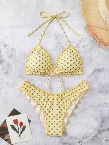 SHEIN Swim 女款夏季波點印花性感細肩帶綁繩蝴蝶結比基尼兩件式泳衣海灘度假套裝 - 黃色 - 查看 7