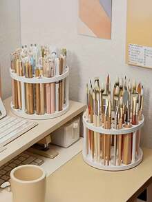 1Pc 360-Degree Rotating Pen Holder - Stylish White Plastic Storage Organizer, Suitable For Painting Brushes, Pens And Makeup Tools, Space-Saving Desktop Organizer With Glazed Finish, Cosmetic Brush Storage Rack - Makeup Brush Storage Rack - View 2