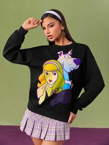 SCOOBY-DOO X SHEIN Women's Casual Gradient Cartoon Printed Loose Fit Drop Shoulder Sweatshirt, Spring/Autumn - Black - View 8