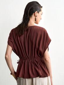 Aalyst Women's Fashion Solid Color Casual Versatile Work Essential INS Style Tie-Up Linen Shirt - Brown - View 3