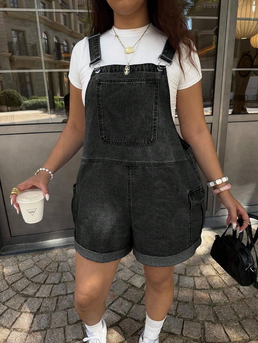Dripcurv Plus Size Women's Pocket Casual Everyday Denim Romper - Black - View 1