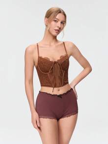 Bonmuse French Retro Brown Lace Halter Corset, Fishbone Waist Cincher Bust Enhancer Sexy Corset - Brown - View 5