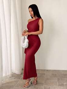 SHEIN PETITE 春夏伴娘禮服派對洋裝，不對稱領口扭結式抹胸性感百褶高開衩荷葉邊綁帶貼身長洋裝，鼠尾草綠女款優雅超長洋裝 - 酒紅色 - 查看 8