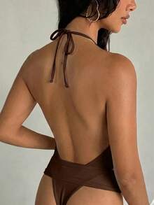 Aloruh Women's Summer Brown Elegant Sexy Beach Partywear Deep V Neck Halter Tie Hollow Backless Wrap Snake Decor Vacation Outfit Fashionable Swimsuit Set - Brown - View 2