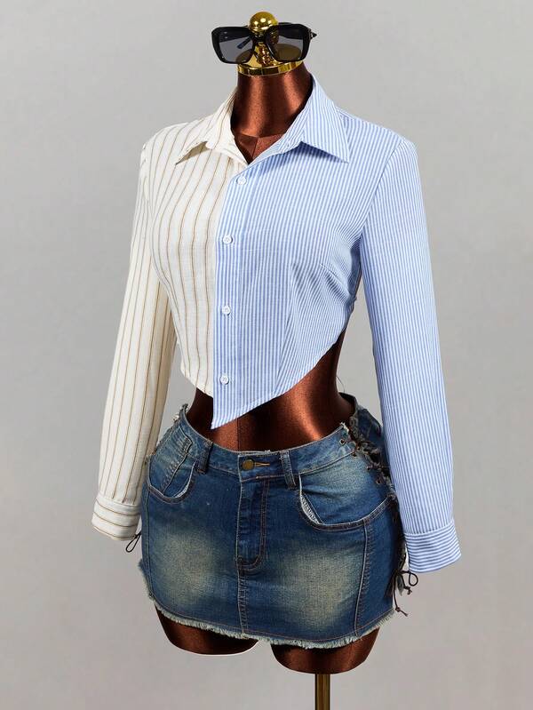 Mistrie Women's Color Blocking Y2k Backless Tie-Up Long Sleeve Lace Up Open Back Valentine's Day Blouses