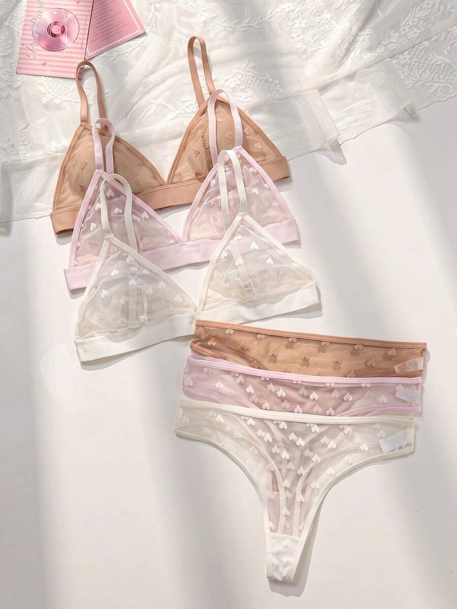 PetitDoll Bộ đồ lót 6 món gợi cảm cho Ngày Valentine, chất liệu lưới jacquard xuyên thấu hình trái tim, không gọng, cúp tam giác. - Nhiều màu - Xem 1