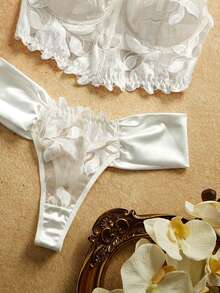 PinupPomp 2pcs Bridal Lingerie Set: Silver-White Lace Satin Fabric + Bustier Top With Underwire Support + Low-Rise Ruched Panty Wedding - Multicolor - View 5