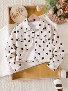 Elladie kids 女童牛仔夾克外套，春/秋季新品，Y2K風格，復古牛仔米色配黑色波點印花，經典牛仔領搭配金屬鈕扣與雙翻蓋口袋設計，修身寬鬆版型，柔軟舒適面料，百搭時尚風格，適合日常穿著、購物、旅行、校園、戶外等多種場合 - 白色 - 查看 2