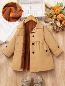 SHEIN Elladie kids 1件少女冬季大衣，卡其色，保暖內裡，風衣領，雙排扣，時尚夾克，適合日常休閒穿著 - 卡其色 - 查看 3