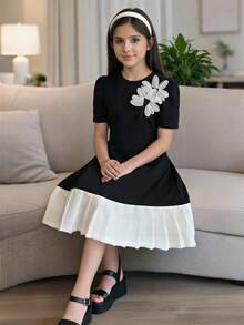 1件少女蝴蝶结褶皱短袖连衣裙，宽松版型，春夏款 - 黑色 - 查看 3