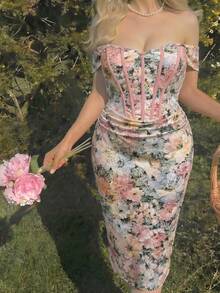 SHEIN MOD 大尺碼夏季優雅花卉印花露肩洋裝 - 彩色 - 查看 5