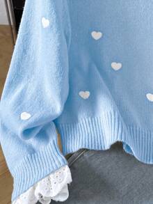 SHEIN 青少年女孩愛心刺繡鏤空拼接針織衫 - 藍色 - 查看 9